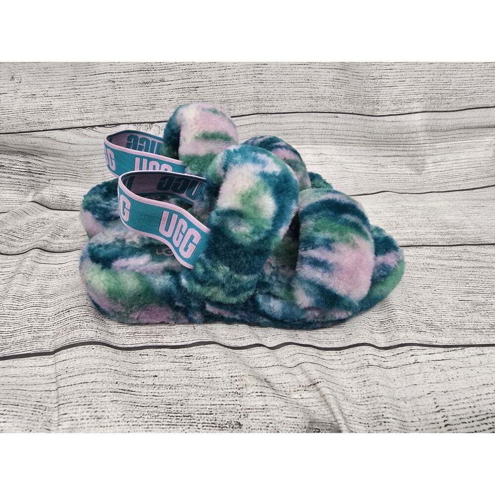 UGG Size 6 Womens Oh Yeah Marble Fur Slides - Aquatic Blue